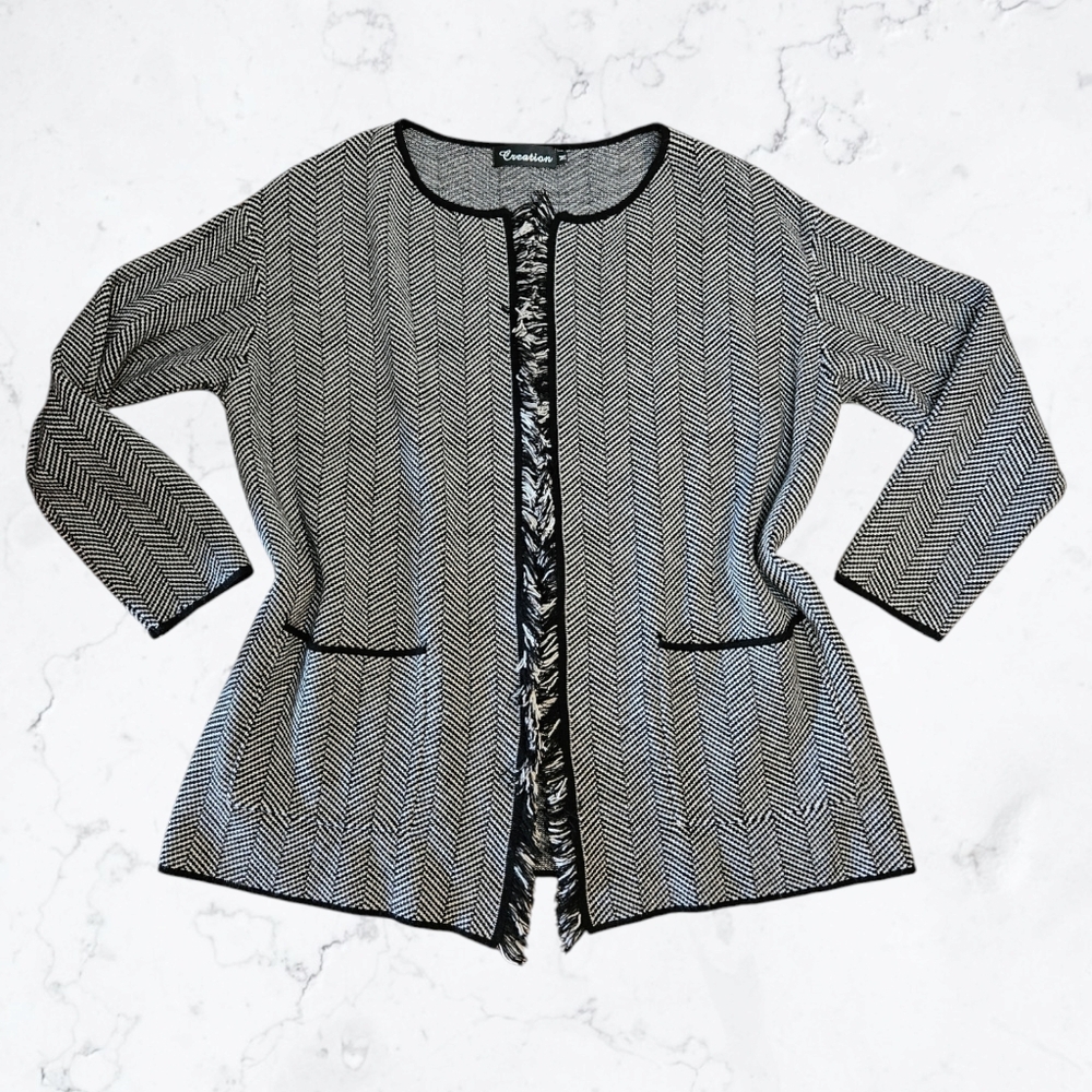 Creation Black & White Herringbone Pattern Open Front Cardigan Sweater
